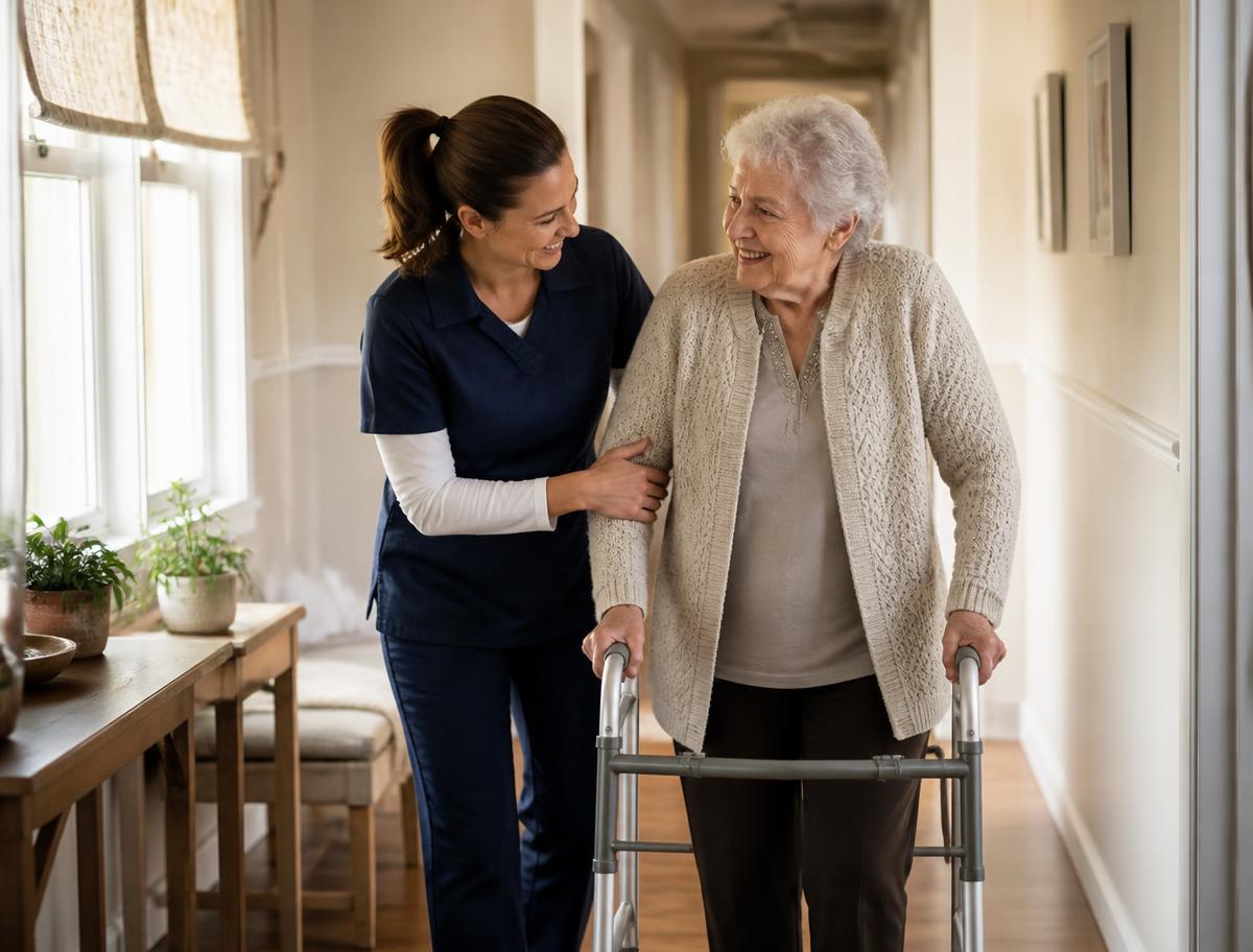 Caregiver helping a senior woman walk with a walker at home